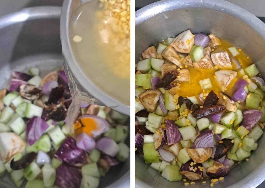 Chopped peerkanagai, brinjal, onion and soaked toor dal added to pressure cooker for masiyal recipe