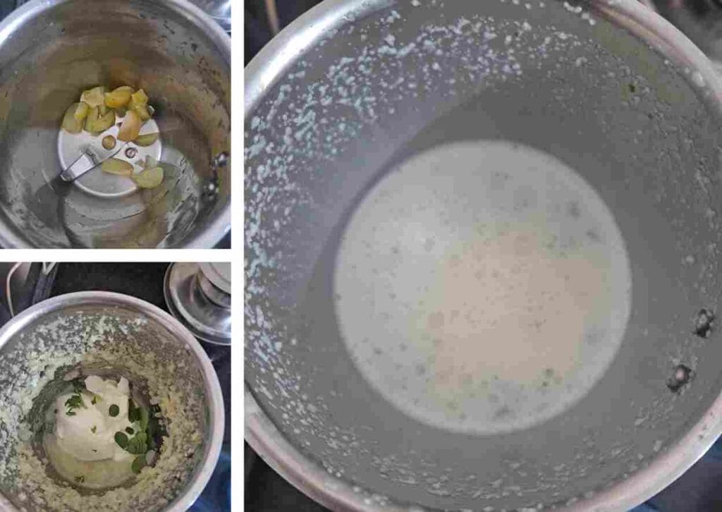 preparing amla buttermilk by blending curd, amla and herbs for cholam kanji