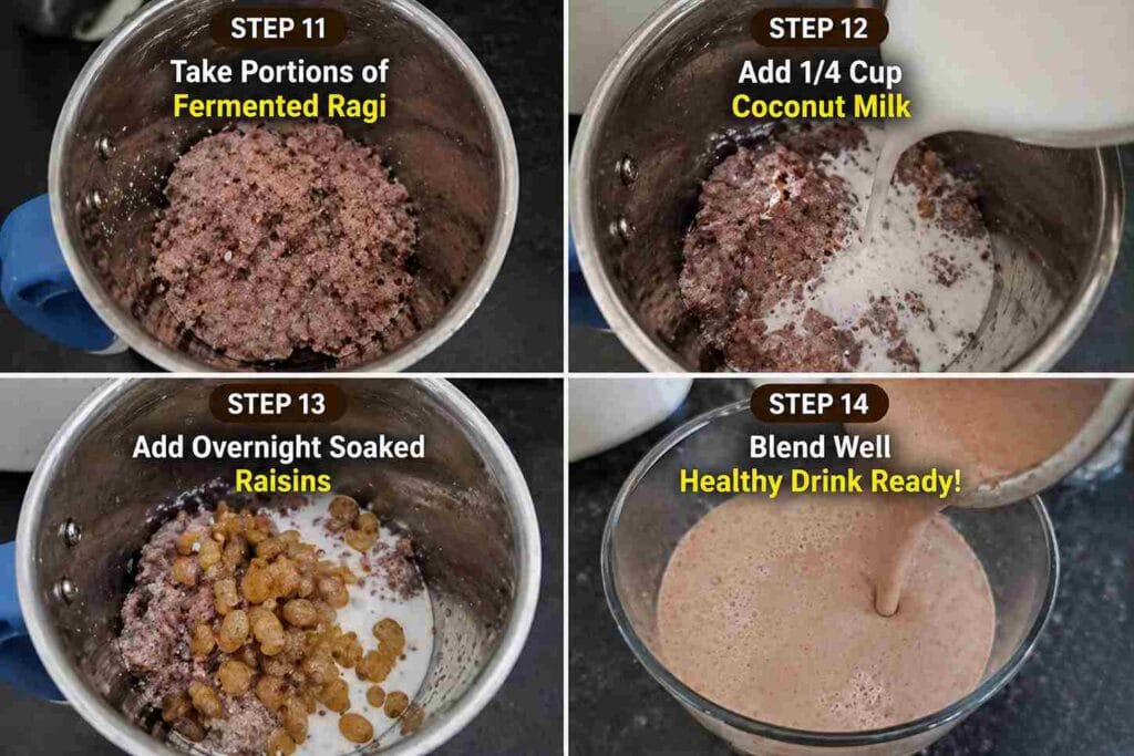 blending fermented ragi with coconut milk and soaked raisins to make healthy ragi breakfast drink