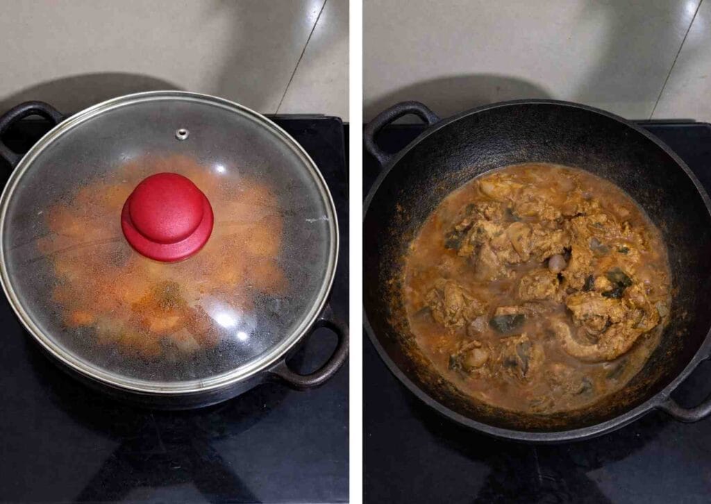 chicken liver curry cooking covered with lid in kadai