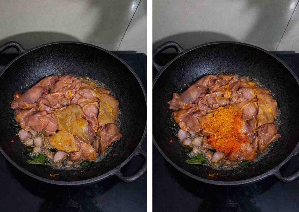 chicken liver with red chilli and coriander powder in kadai