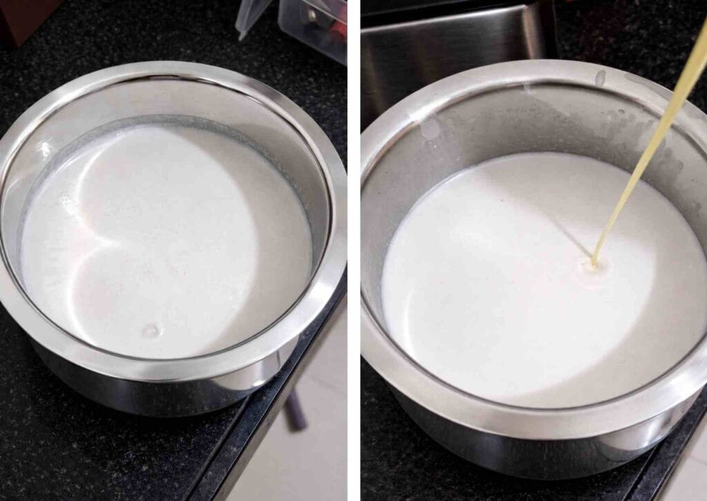 Coconut milk mixed with condensed milk in a pan for making easy coconut pudding