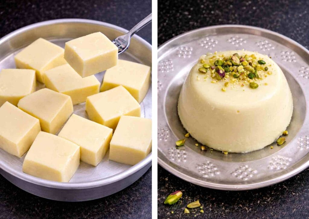 Coconut pudding with condensed milk cut into cubes and served with pistachios as a soft dessert
