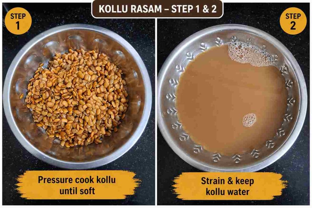 Pressure cooking horse gram and straining kollu water for making traditional South Indian kollu rasam recipe