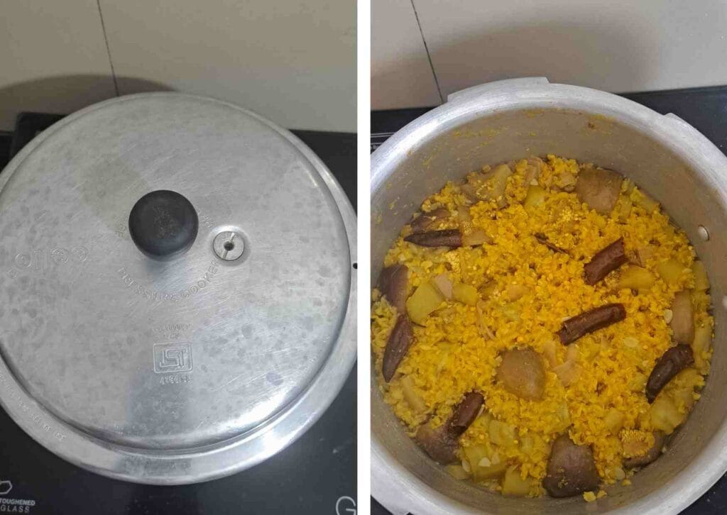 Soft cooked toor dal with ridge gourd and brinjal inside pressure cooker