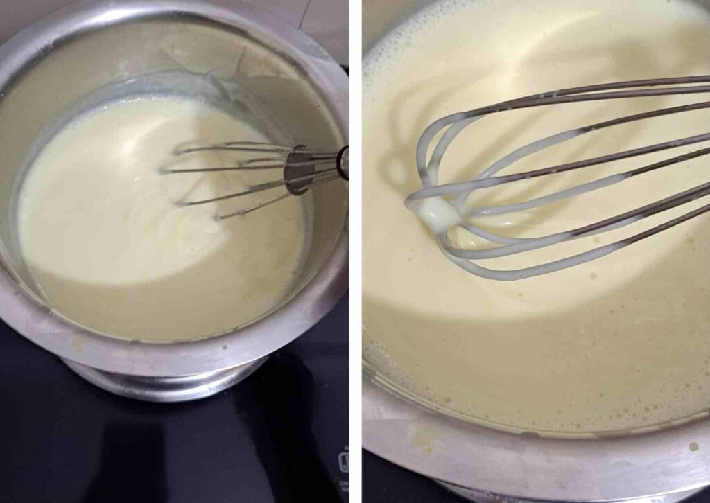 Coconut pudding mixture cooking on stove and thickening to a creamy consistency without gelatin