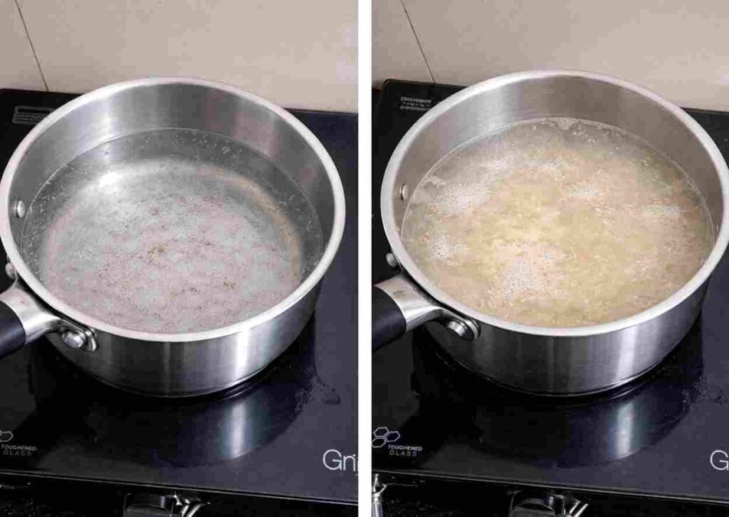 adding ground jowar to boiling water while making cholam kanji recipe