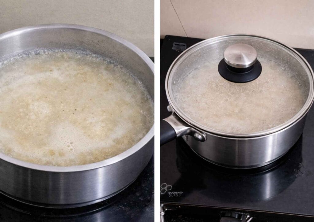 cooking jowar mixture until soft and thick for cholam kanji recipe