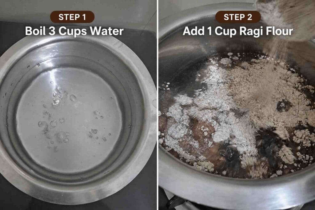 boiling water in vessel and adding ragi flour to prepare healthy ragi breakfast drink