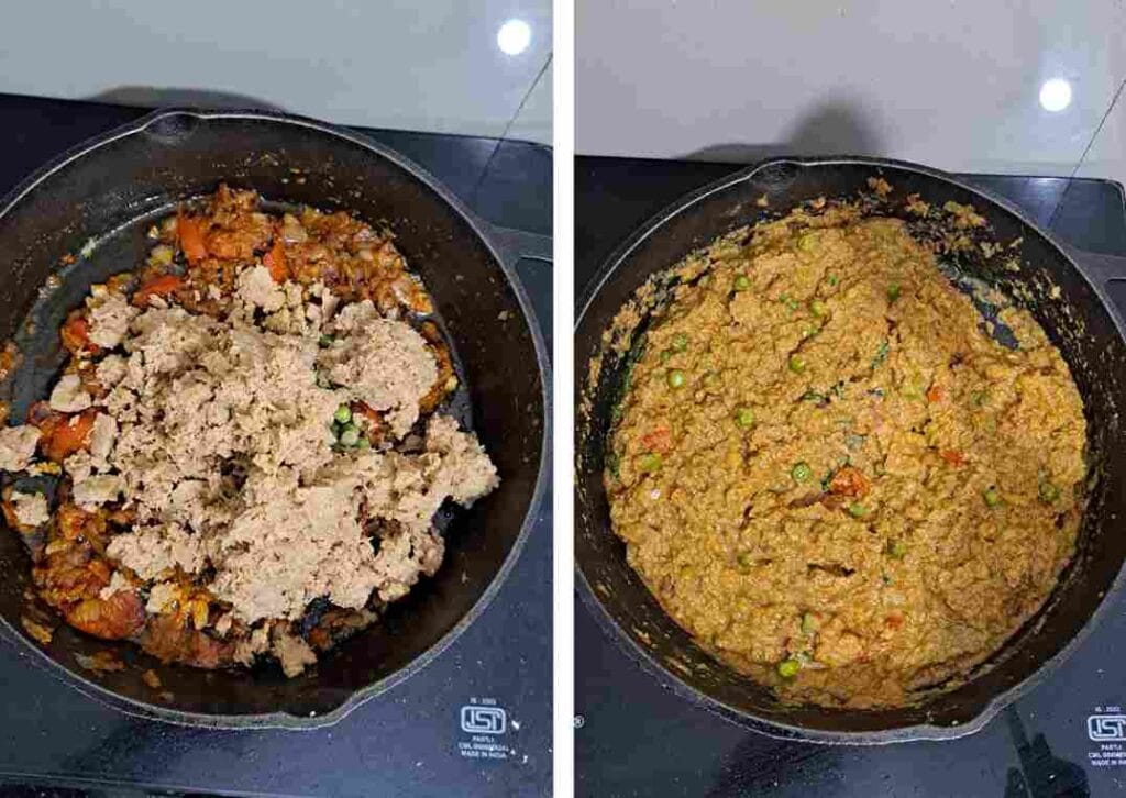 Adding soya kheema to masala and cooking veg kheema masala semi gravy for easy side dish for chapathi