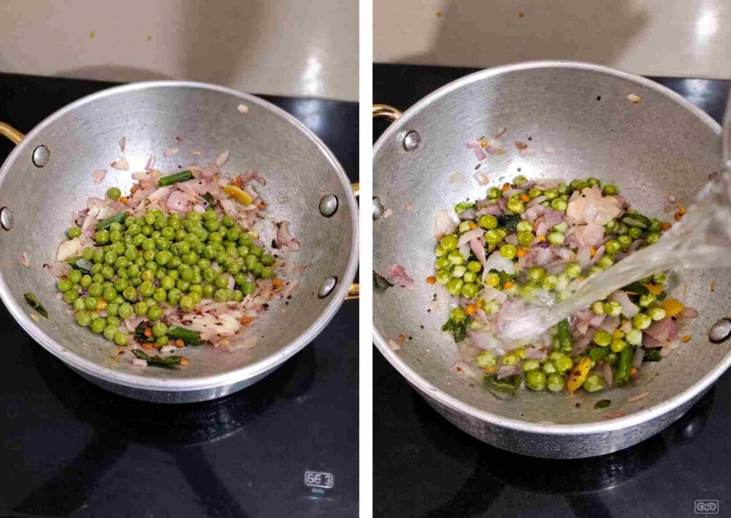 adding green peas and water to cook for potato peas masala for poori