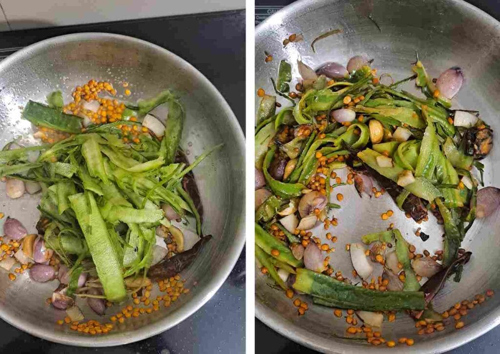 Adding ridge gourd skin and sautéing with onion and spices for thuvaiyal