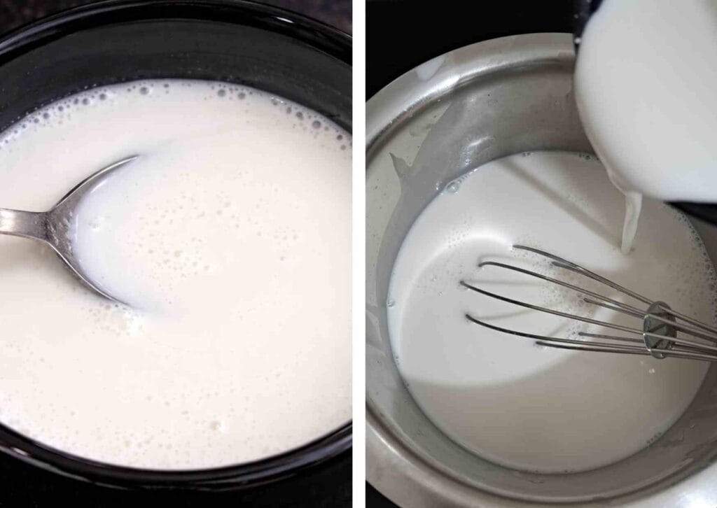 Corn flour mixed with coconut milk to form a smooth slurry for making quick coconut pudding