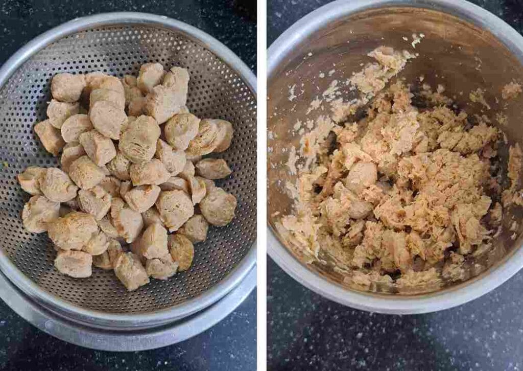 Drained soaked soya chunks and coarsely ground soya kheema for soya kheema pattani masala
