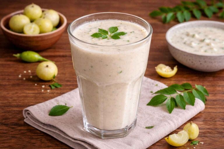 glass of fermented jowar mor recipe made with cholam and buttermilk probiotic summer drink