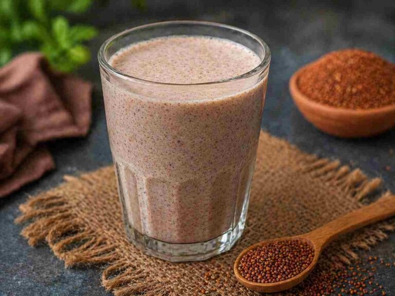 fermented ragi drink with coconut milk served in glass healthy breakfast drink for weight loss