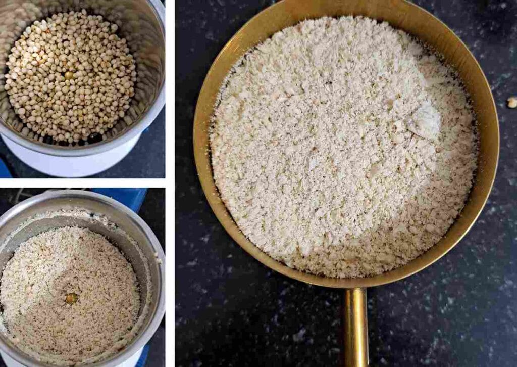 coarsely grinding soaked jowar grains for cholam kanji recipe preparation