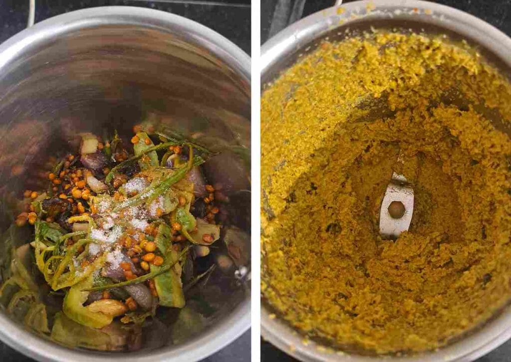 Grinding cooked ridge gourd skin mixture into coarse thuvaiyal in a blender