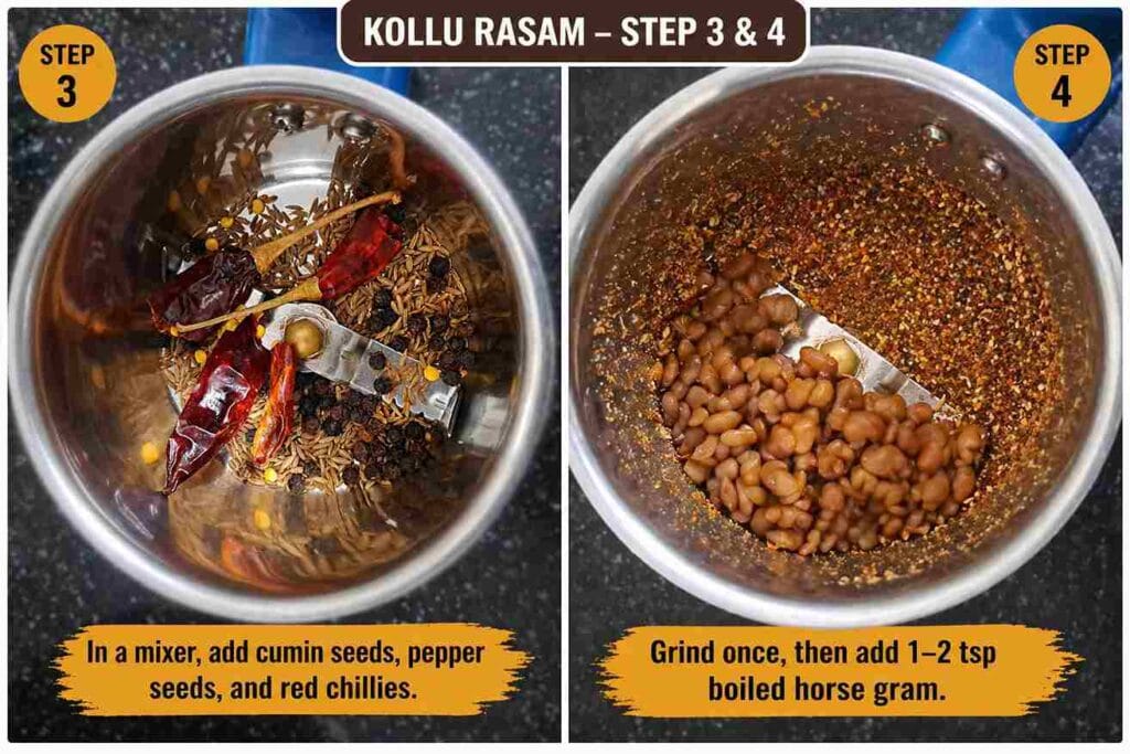 Whole spices and dried red chillies in a mixer jar with ground spice mix and boiled horse gram showing coarse texture