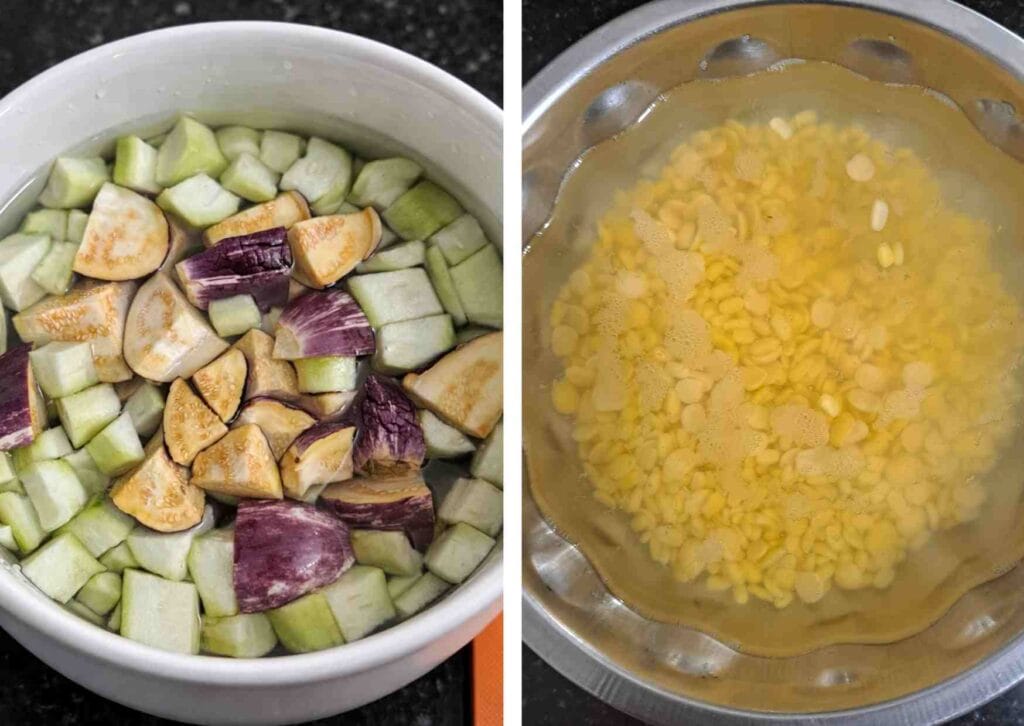 Chopped ridge gourd and brinjal with soaked toor dal in water for masiyal recipe ingredients