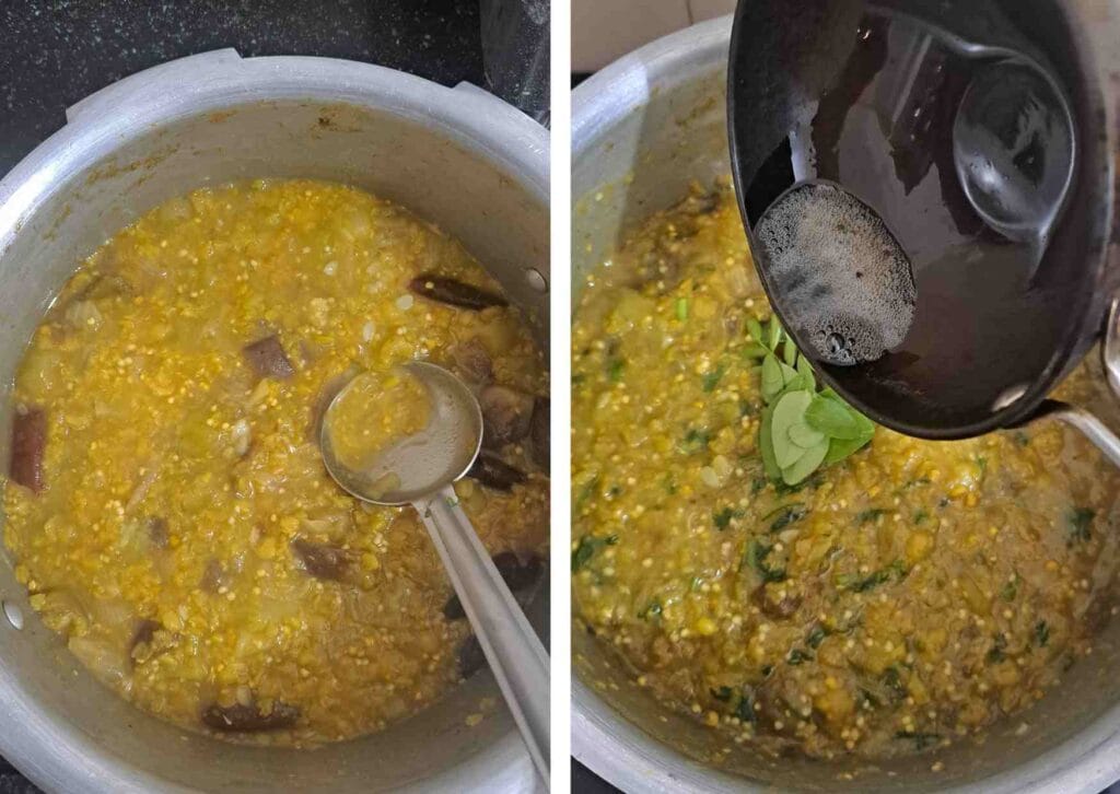 Mashed toor dal with vegetables in cooker with hot oil tempering being poured on top