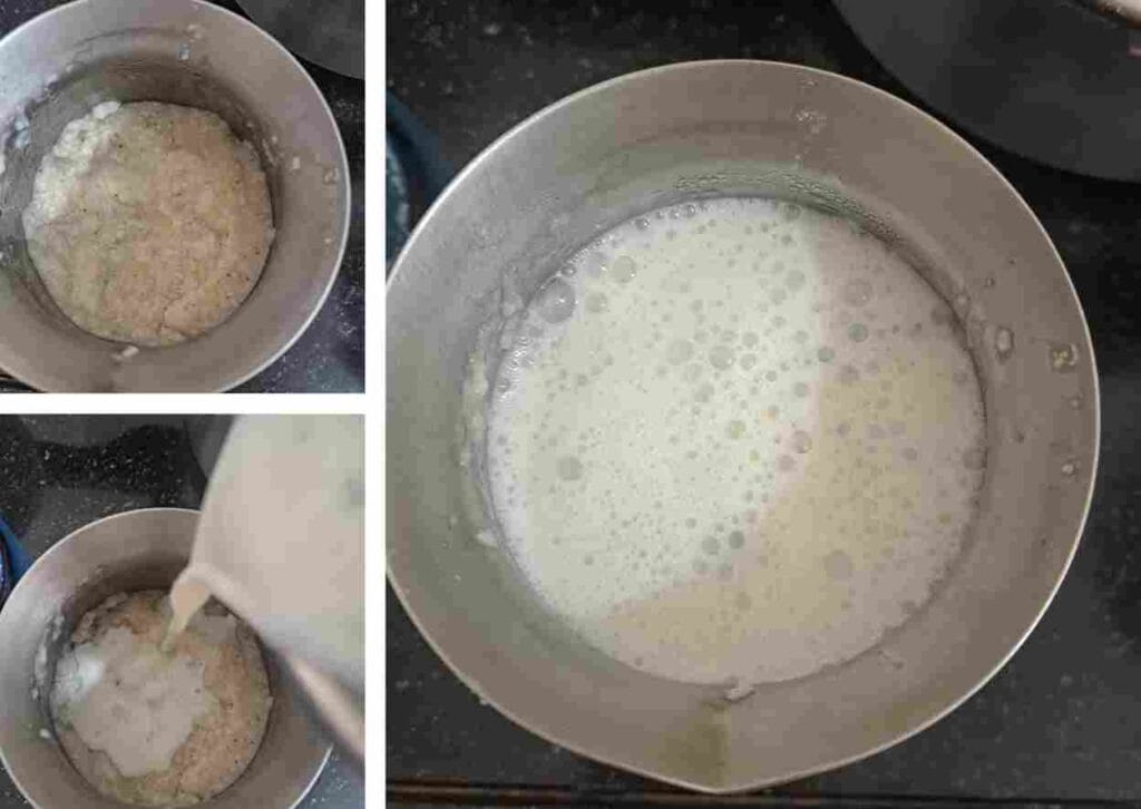 mixing fermented jowar base with buttermilk to prepare cholam kanji drink