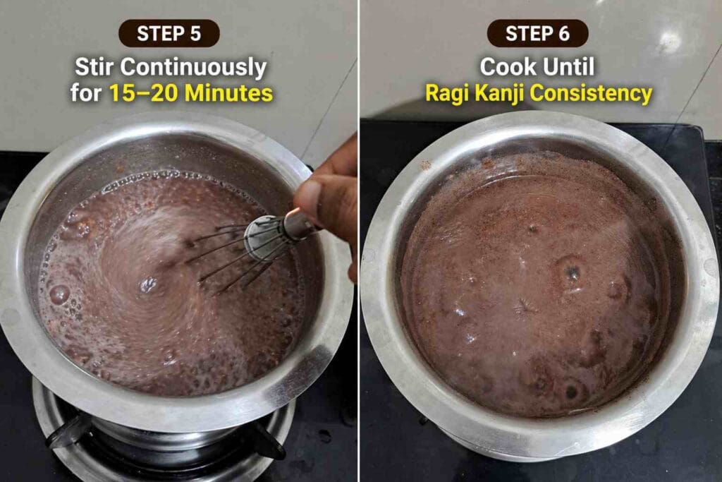 thick ragi mixture cooked in pan and stirred continuously to reach smooth kanji consistency