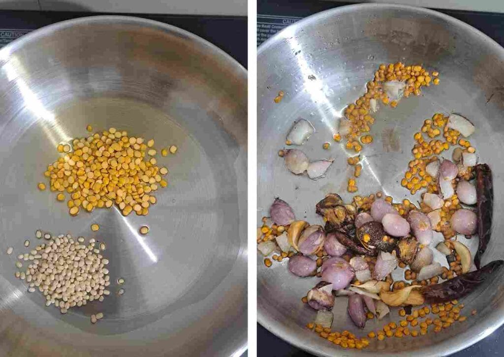 Roasting urad dal, channa dal, garlic, onion and spices in oil for thuvaiyal