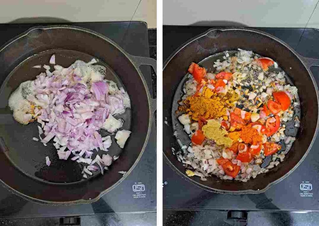 Sauteing onion, tomato, ginger garlic paste and spices to prepare masala for soya kheema pattani masala