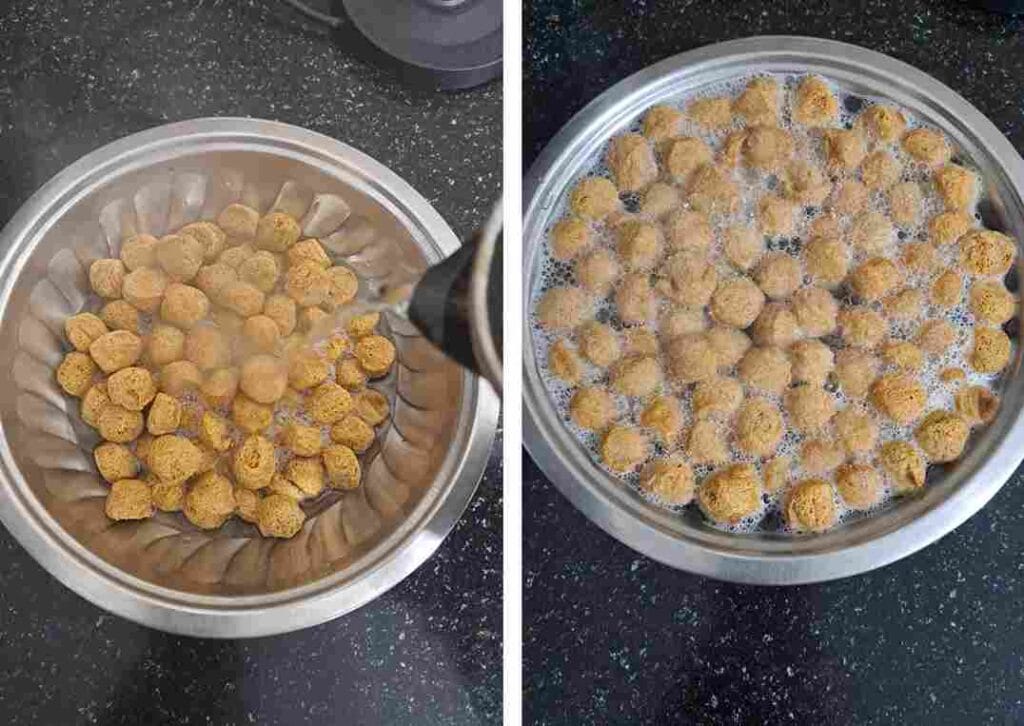 Soaking soya chunks in hot water for soya kheema pattani masala