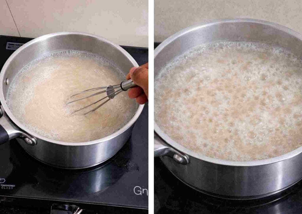 stirring jowar mixture continuously while cooking cholam kanji to avoid lumps