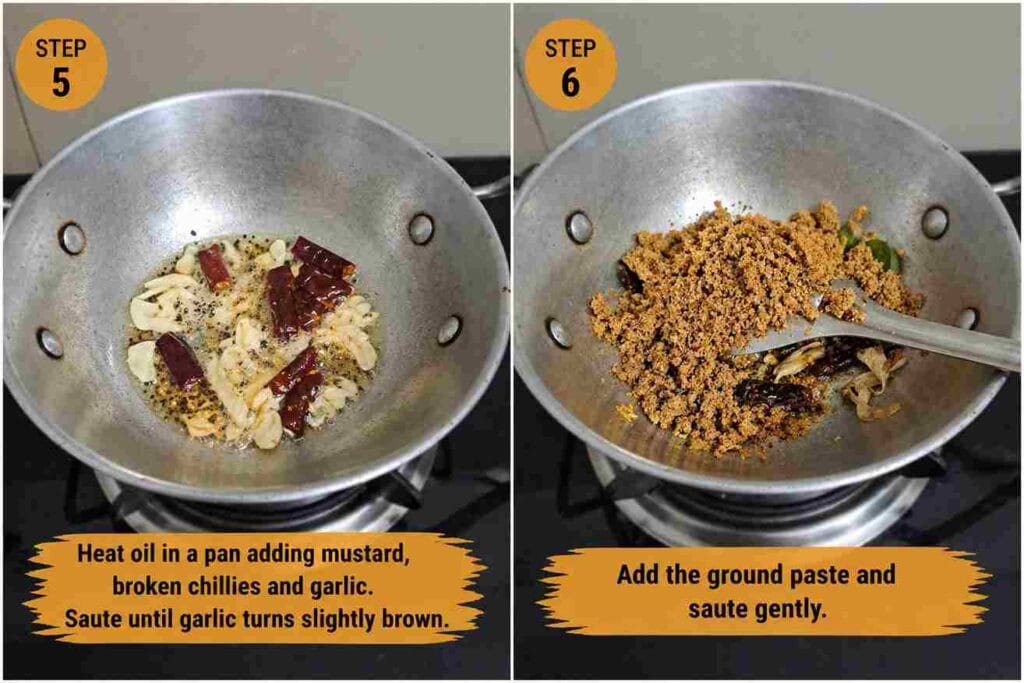 Garlic, mustard seeds, and dried red chillies sizzling in oil with a coarse ground mixture added in a metal pan on stove