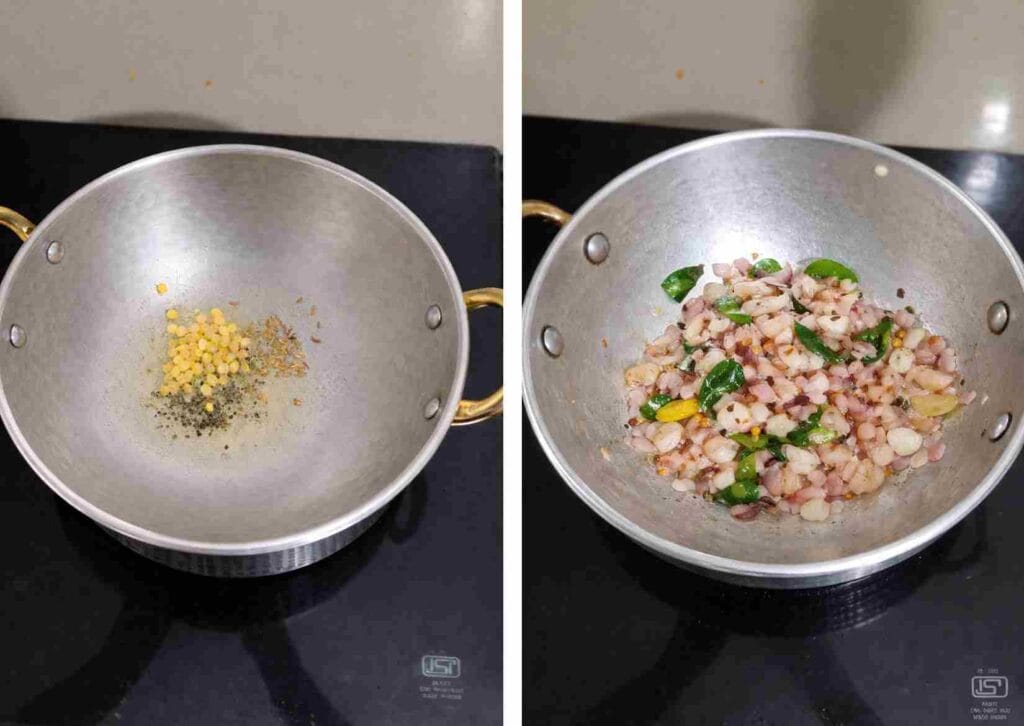 tempering mustard seeds channa dal cumin seeds and sauteing onions for potato masala for poori