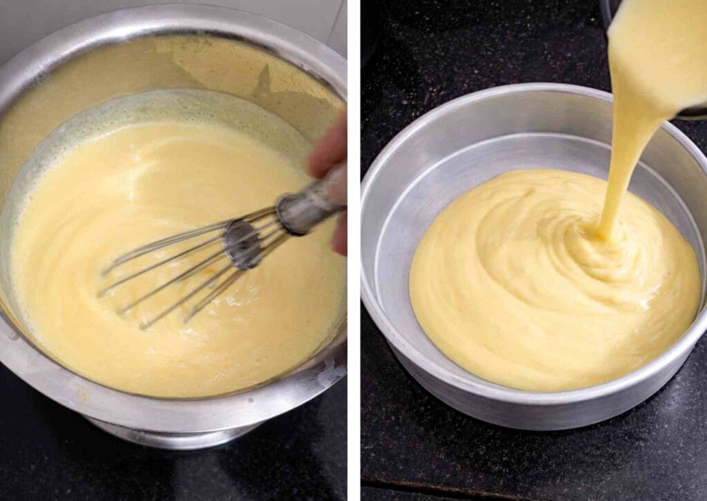 Thick and creamy coconut pudding mixture poured into a tray for setting without agar agar or gelatin