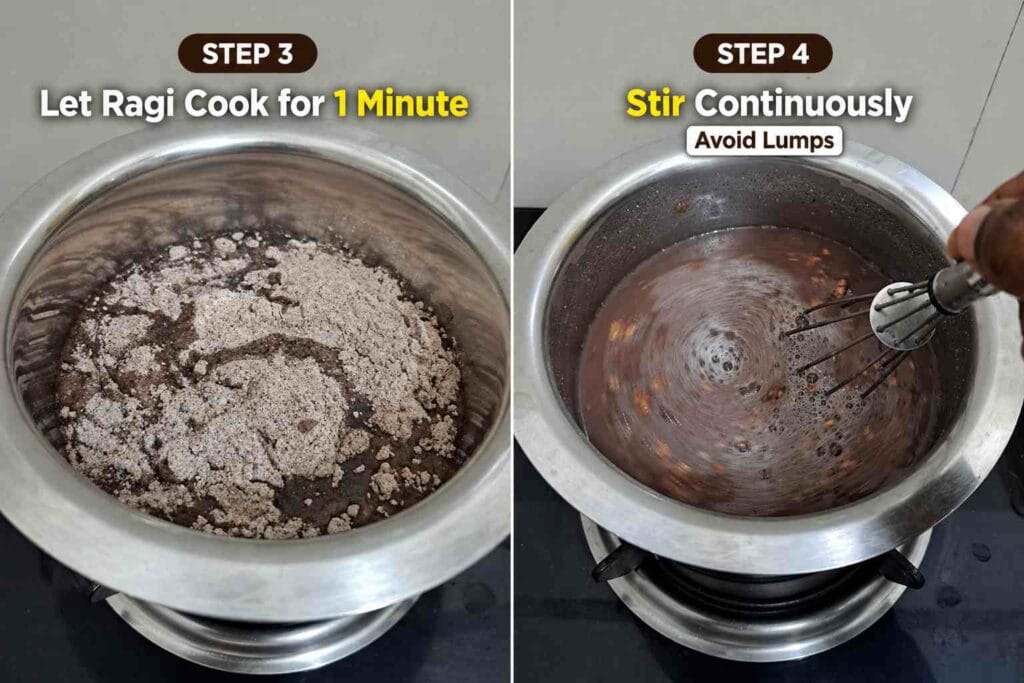ragi flour cooking in pan and stirring continuously to get smooth lump free mixture