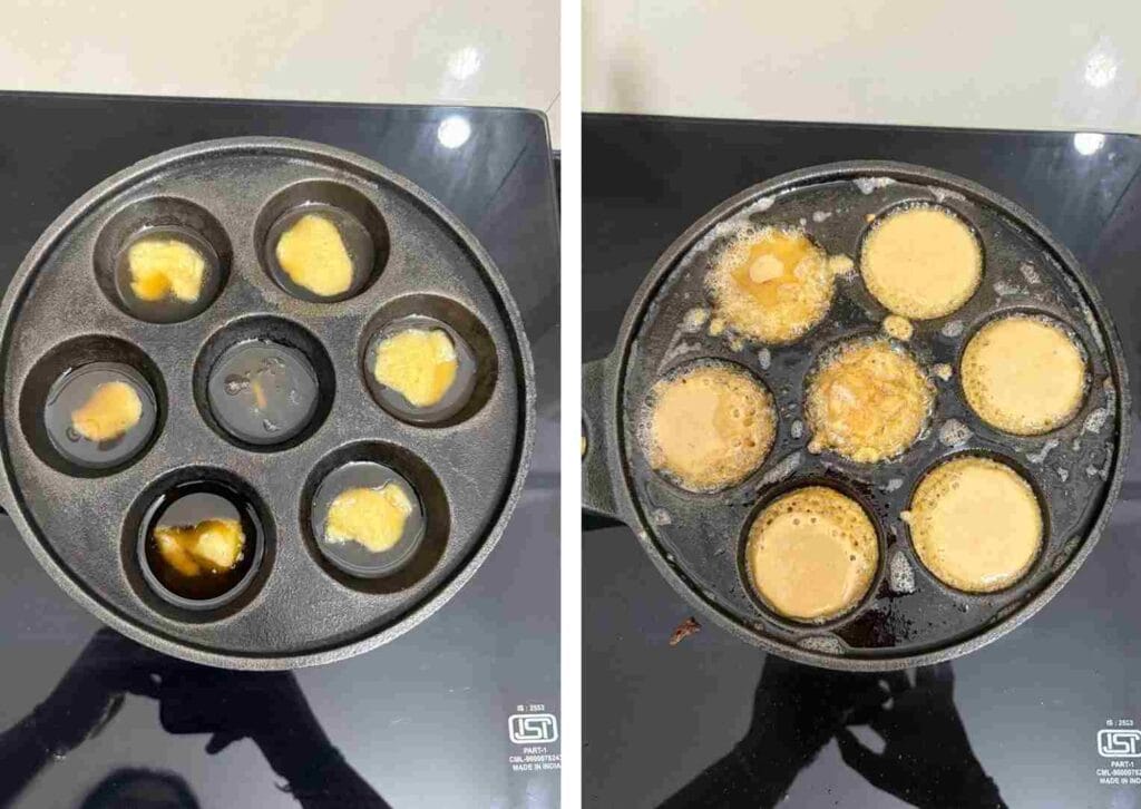 Paniyaram batter poured into pan with ghee in each cavity