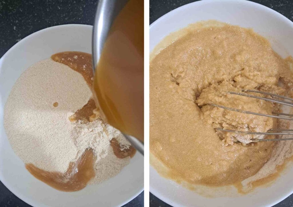 Mixing jaggery coconut mixture with rava flour to make paniyaram batter