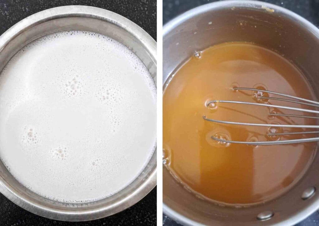 jaggery syrup mixed with coconut milk for sweet paniyaram batter