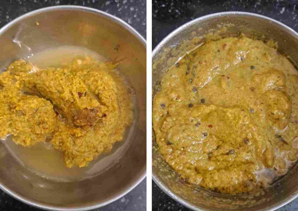 Mixing thuvaiyal with water and adding tempering to make chutney consistency