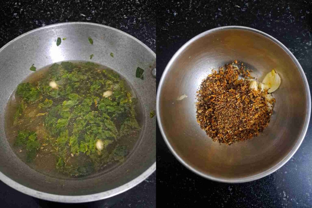 Pepper garlic spice mixture added to homemade drumstick leaves soup with moringa greens