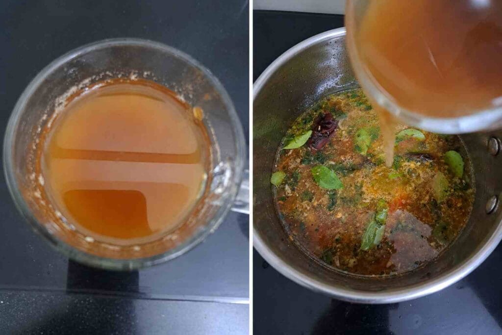 Tamarind extract added to homemade pepper garlic milagu rasam