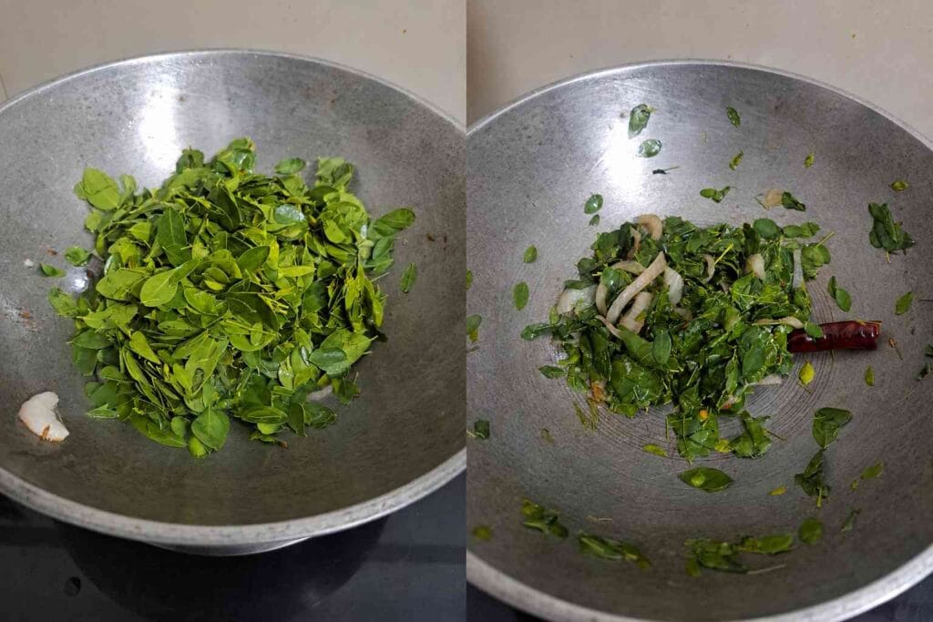 Fresh drumstick leaves cooking in a pan for healthy moringa soup recipe
