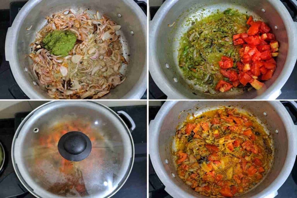 Green masala paste and tomatoes cooking in pressure cooker for healthy millet prawn biryani