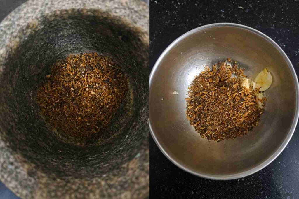 Crushed pepper, cumin, and garlic prepared for murungai keerai moringa soup recipe