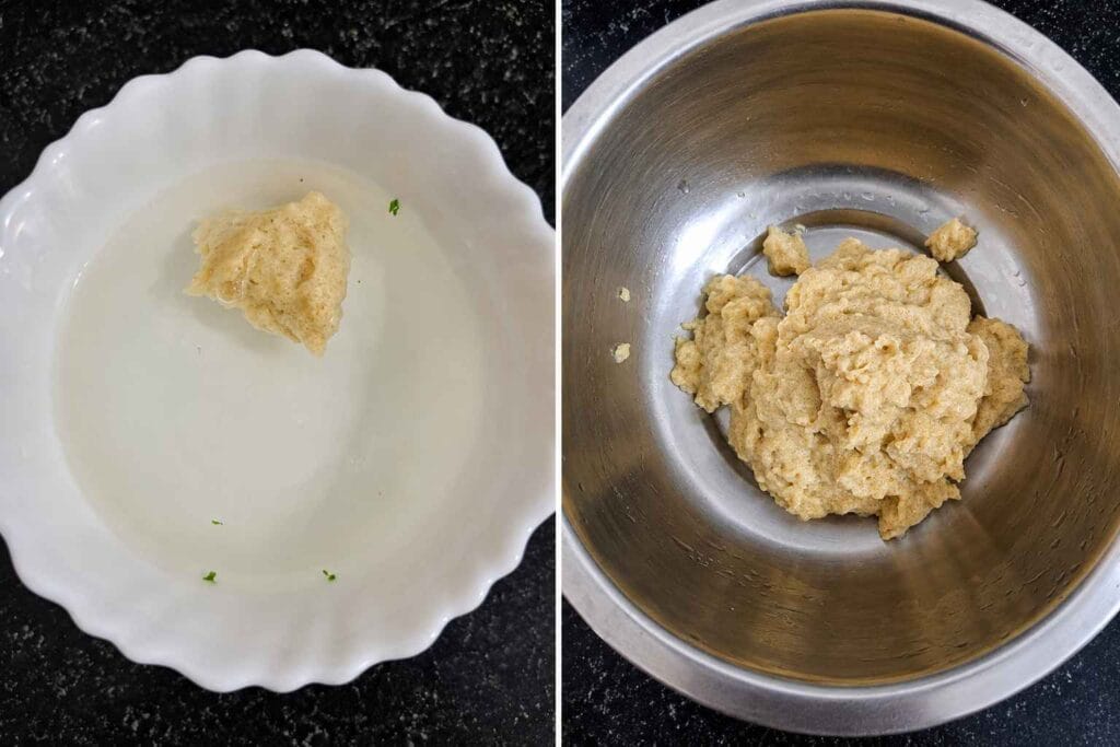 Airy fenugreek batter floating in water for vendhaya kali