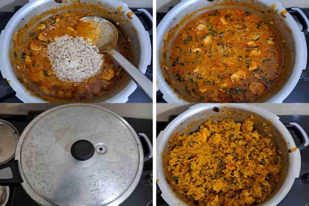 Varagu arisi cooked with prawn masala in pressure cooker until fluffy and non mushy