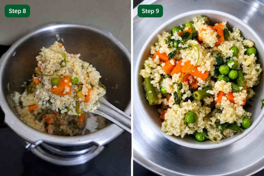 Soft fluffy varagu upma served hot with vegetables after pressure cooking