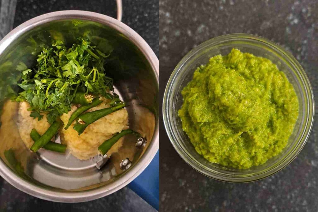 Green masala paste prepared with coriander, chilli, and ginger garlic for pressure cooker millet biryani