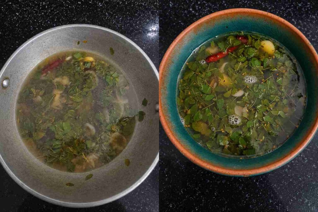 Homemade murungai keerai soup simmered and ready to serve in a bowl