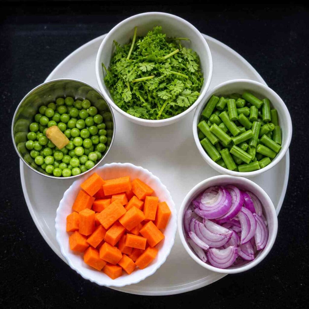Vegetables and ingredients used for making varagu upma recipe